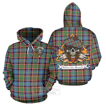 Glass Tartan Hoodie with Family Crest and Bearded Skull Holding Bottles of Whiskey