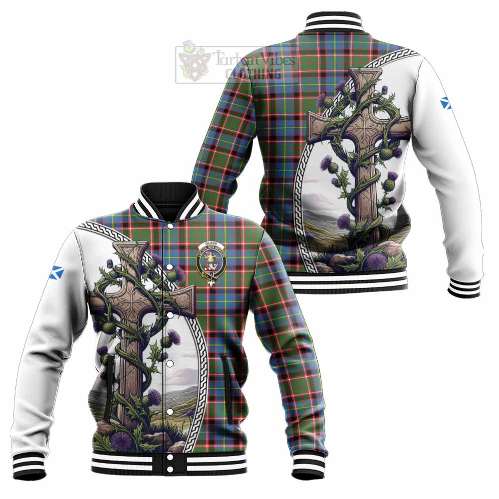 Tartan Vibes Clothing Glass Tartan Baseball Jacket with Family Crest and St. Andrew's Cross Accented by Thistle Vines