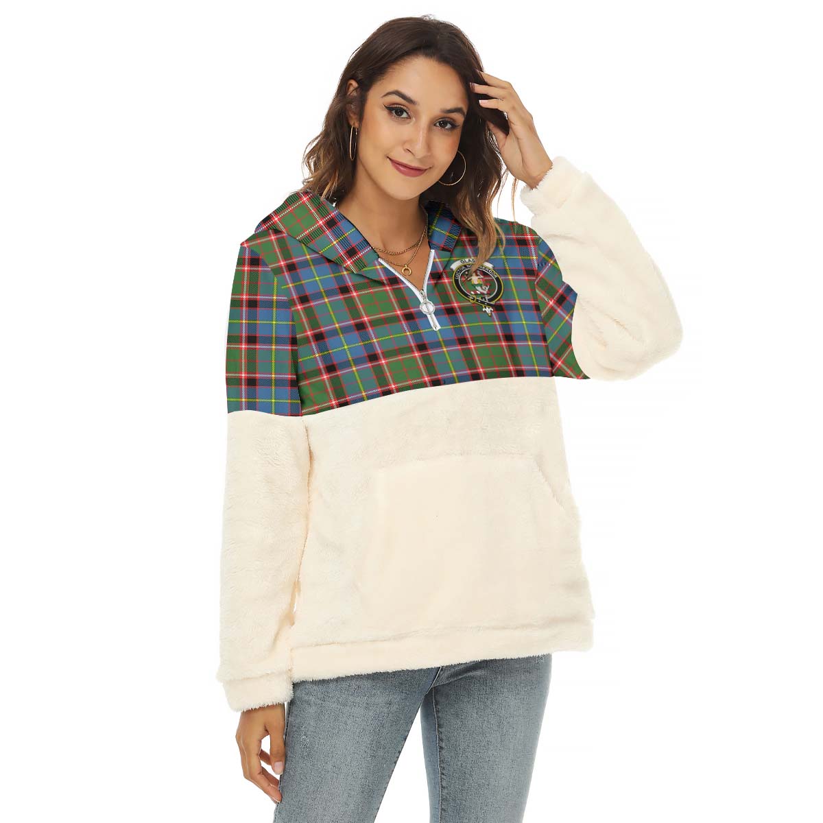 Glass Tartan Women's Borg Fleece Hoodie With Half Zip with Family Crest Female - Tartan Vibes Clothing