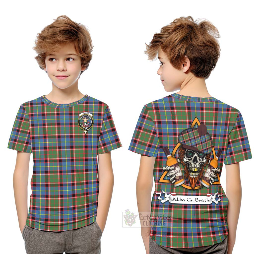 Tartan Vibes Clothing Glass Tartan Kid T-Shirt with Family Crest and Bearded Skull Holding Bottles of Whiskey