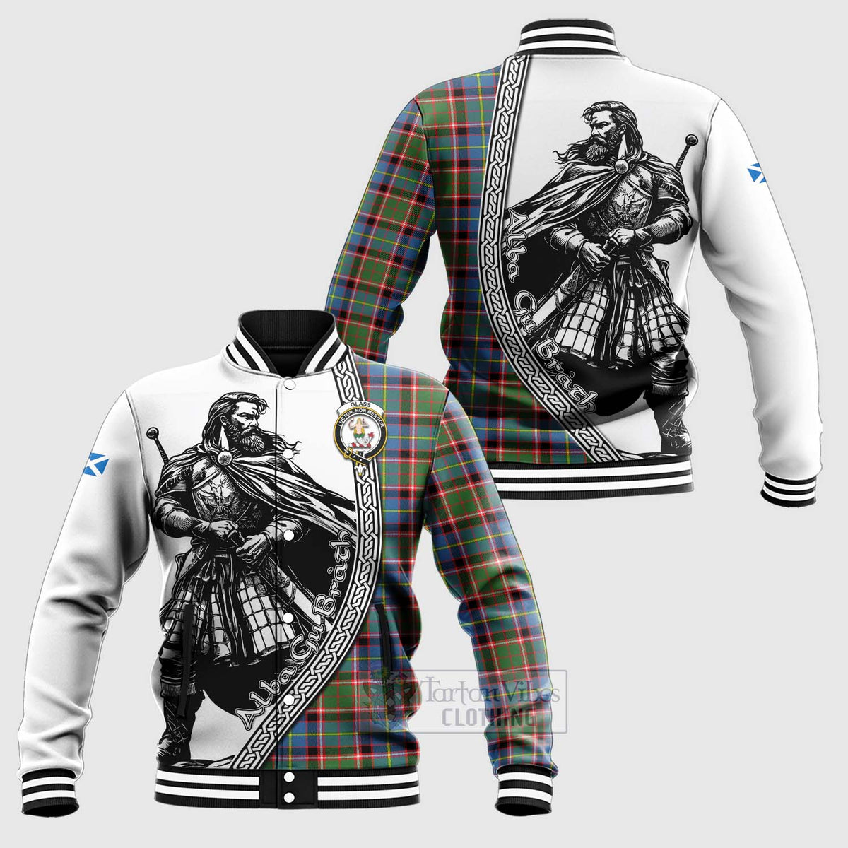 Glass Tartan Clan Crest Baseball Jacket with Highlander Warrior Celtic Style Unisex - Tartan Vibes Clothing