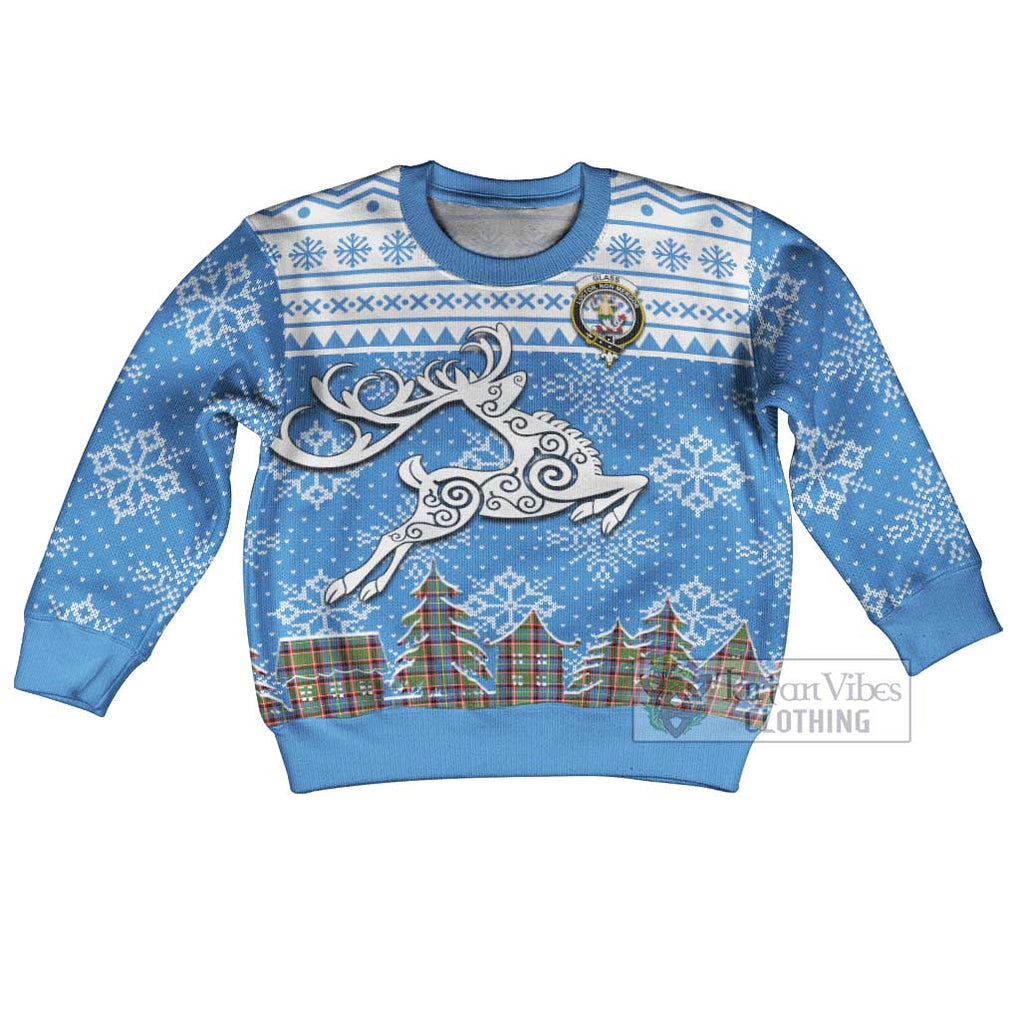 Tartan Vibes Clothing Glass Clan Christmas Kid Ugly Sweater with Tartan and Celtic Raindeer Style