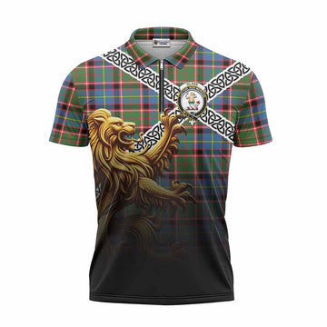 Glass Crest Tartan Zipper Polo Shirt with Golden Lion Emblem Celtic Style Unisex - Tartan Vibes Clothing