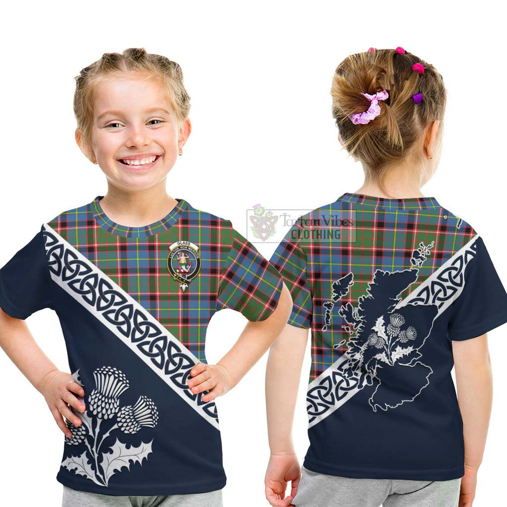 Tartan Vibes Clothing Glass Tartan Kid T-Shirt Featuring Thistle and Scotland Map