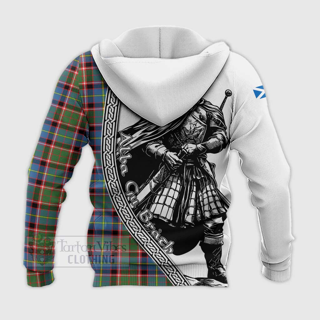 Tartan Vibes Clothing Glass Tartan Clan Crest Knitted Hoodie with Highlander Warrior Celtic Style