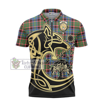 Glass Tartan Zipper Polo Shirt with Family Crest Celtic Wolf Style