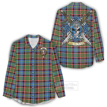 Glass Tartan Women's Casual Shirt with Family Crest Celtic Skull Style