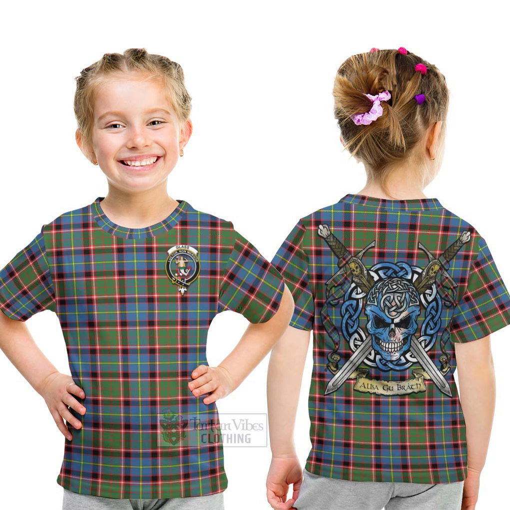 Tartan Vibes Clothing Glass Tartan Kid T-Shirt with Family Crest Celtic Skull Style