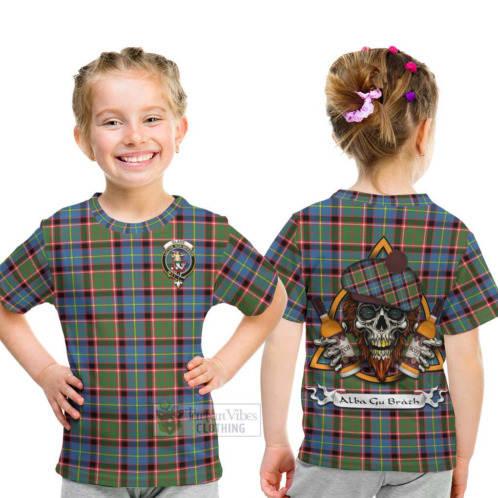 Tartan Vibes Clothing Glass Tartan Kid T-Shirt with Family Crest and Bearded Skull Holding Bottles of Whiskey