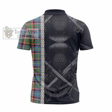 Glass Tartan Zipper Polo Shirt with Family Crest Cross Sword Thistle Celtic Vibes