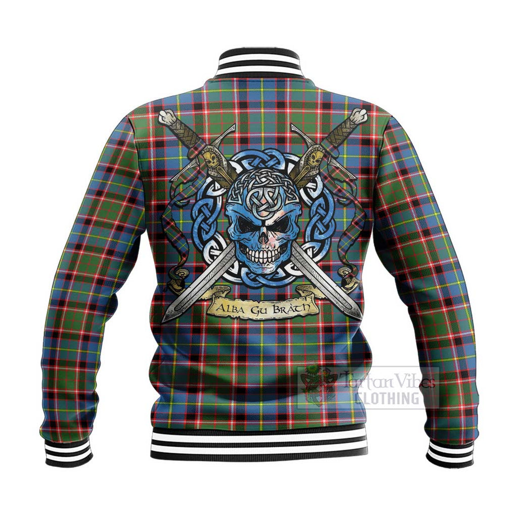 Tartan Vibes Clothing Glass Tartan Baseball Jacket with Family Crest Celtic Skull Style