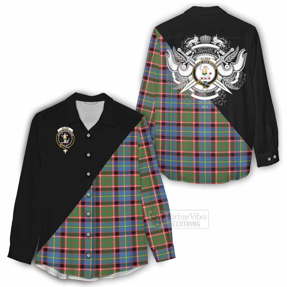 Tartan Vibes Clothing Glass Tartan Women's Casual Shirt with Family Crest and Military Logo Style