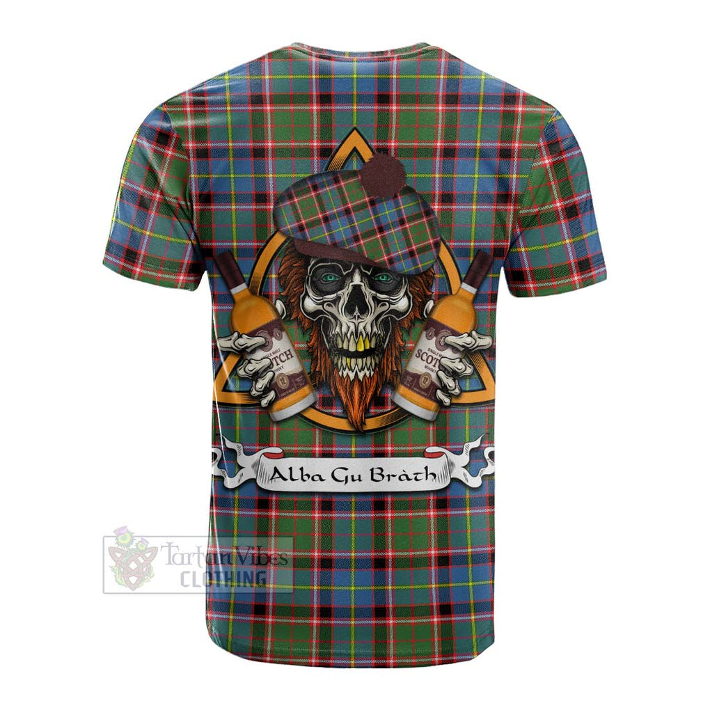 Tartan Vibes Clothing Glass Tartan Cotton T-shirt with Family Crest and Bearded Skull Holding Bottles of Whiskey