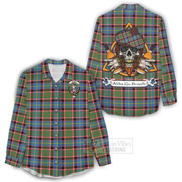 Glass Tartan Women's Casual Shirt with Family Crest and Bearded Skull Holding Bottles of Whiskey