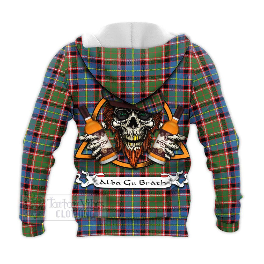 Tartan Vibes Clothing Glass Tartan Knitted Hoodie with Family Crest and Bearded Skull Holding Bottles of Whiskey