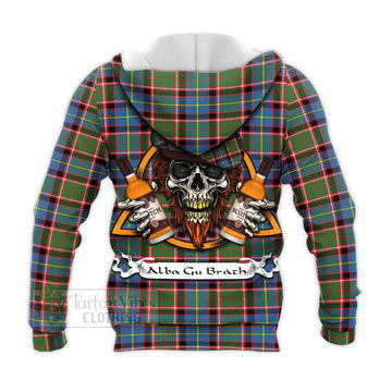 Glass Tartan Knitted Hoodie with Family Crest and Bearded Skull Holding Bottles of Whiskey