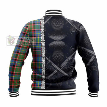 Glass Tartan Baseball Jacket with Family Crest Cross Sword Thistle Celtic Vibes - Tartan Vibes Clothing