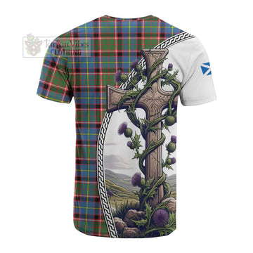 Glass Tartan Cotton T-shirt with Family Crest and St. Andrew's Cross Accented by Thistle Vines - Tartan Vibes Clothing