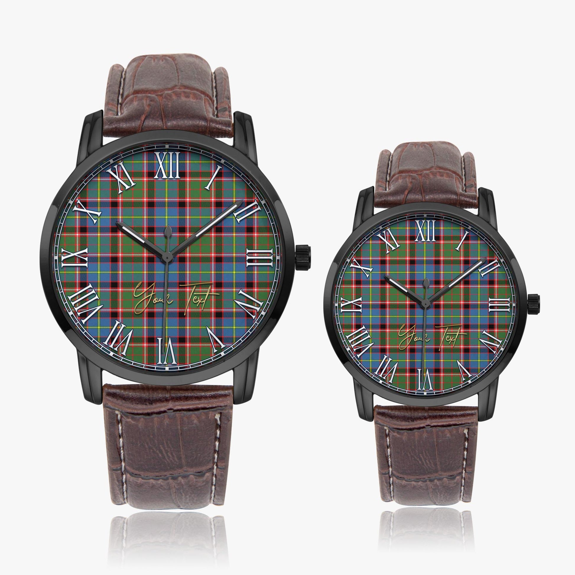 Glass Tartan Personalized Your Text Leather Trap Quartz Watch Wide Type Black Case With Brown Leather Strap - Tartanvibesclothing