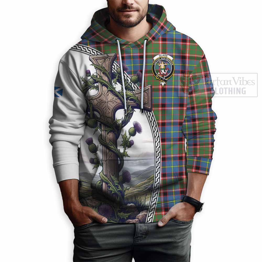 Tartan Vibes Clothing Glass Tartan Hoodie with Family Crest and St. Andrew's Cross Accented by Thistle Vines