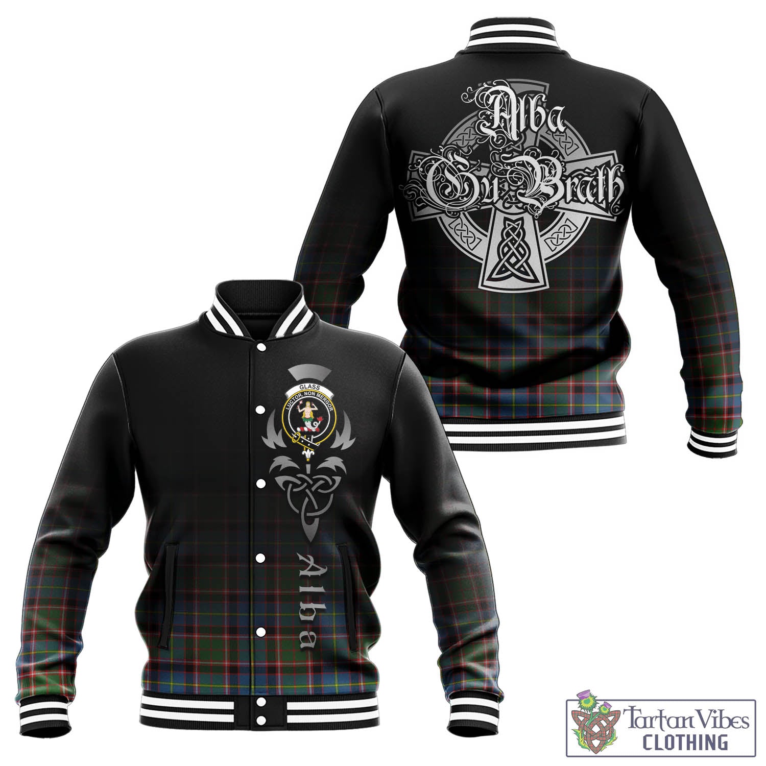 Tartan Vibes Clothing Glass Tartan Baseball Jacket Featuring Alba Gu Brath Family Crest Celtic Inspired