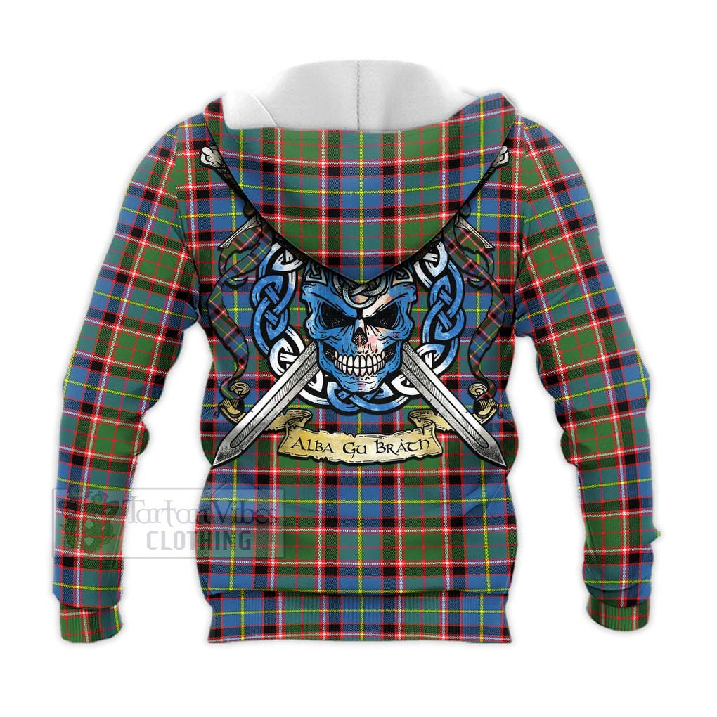 Tartan Vibes Clothing Glass Tartan Knitted Hoodie with Family Crest Celtic Skull Style