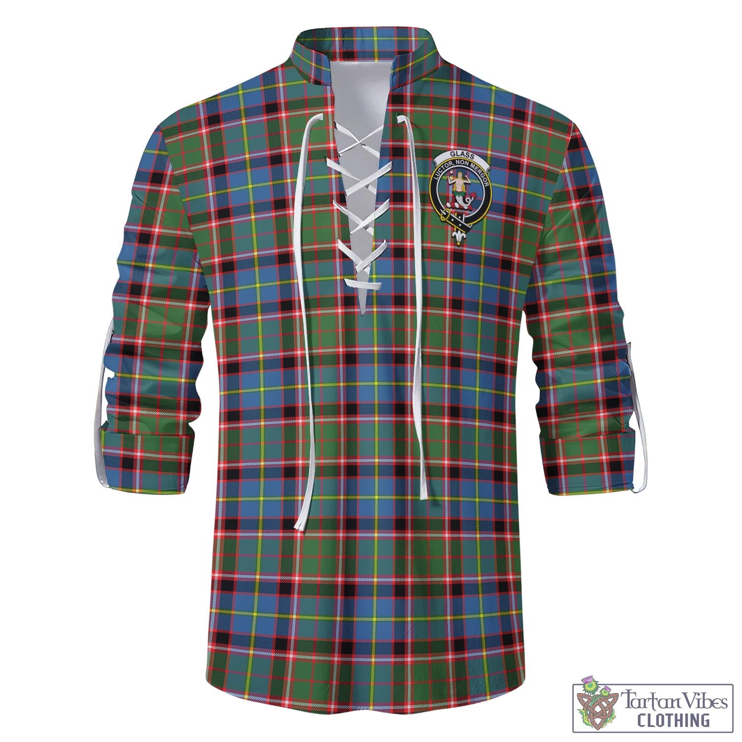 Tartan Vibes Clothing Glass Tartan Men's Scottish Traditional Jacobite Ghillie Kilt Shirt with Family Crest