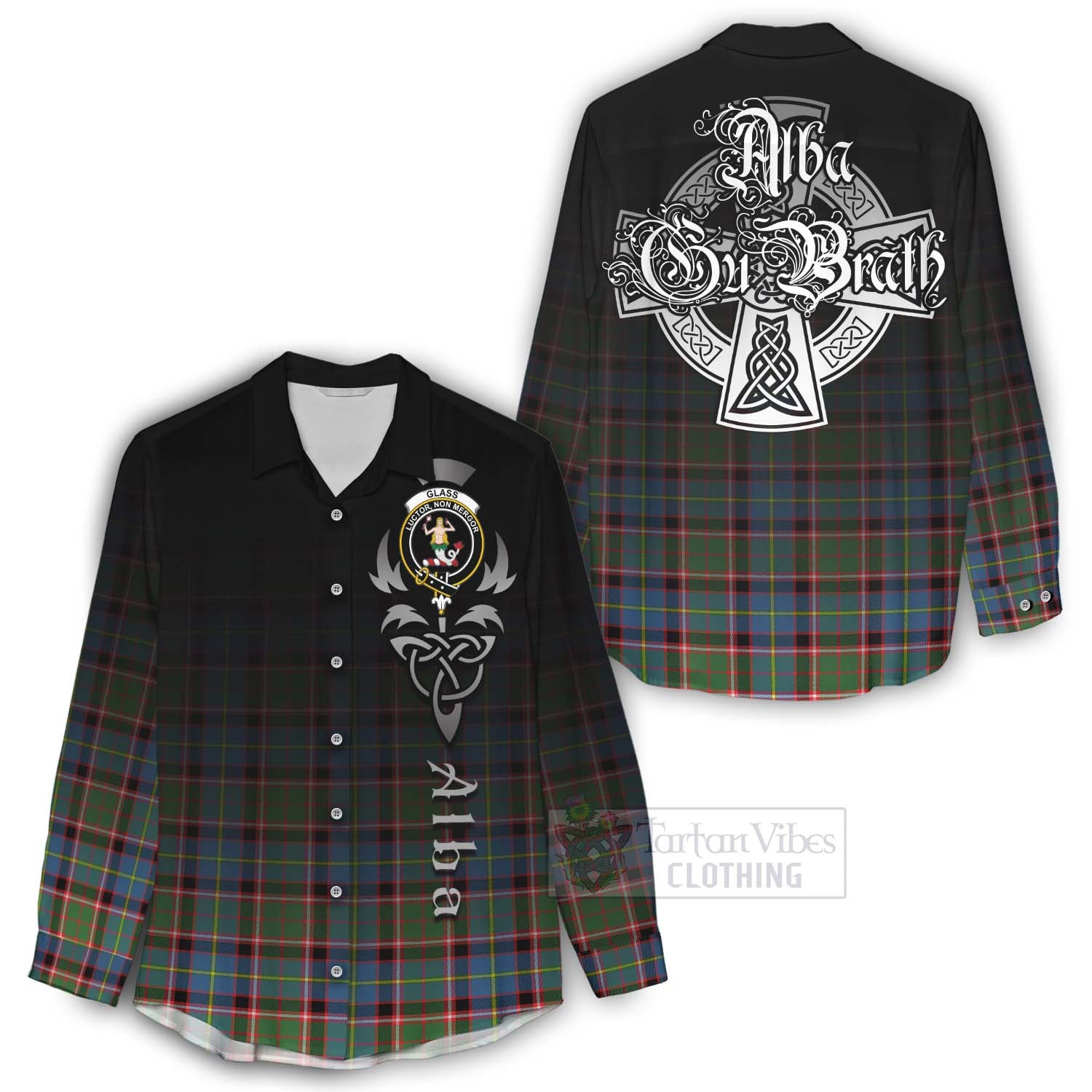 Tartan Vibes Clothing Glass Tartan Women's Casual Shirt Featuring Alba Gu Brath Family Crest Celtic Inspired