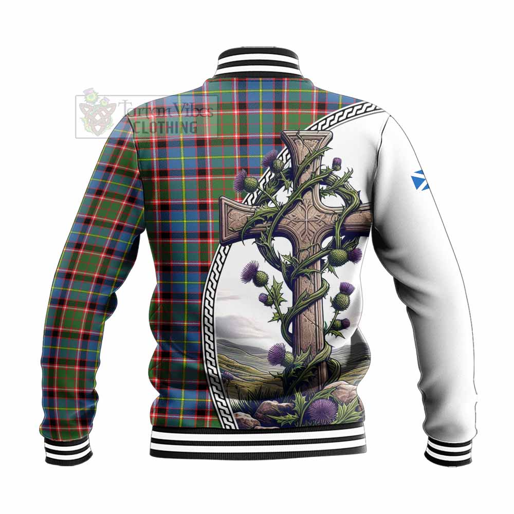 Tartan Vibes Clothing Glass Tartan Baseball Jacket with Family Crest and St. Andrew's Cross Accented by Thistle Vines