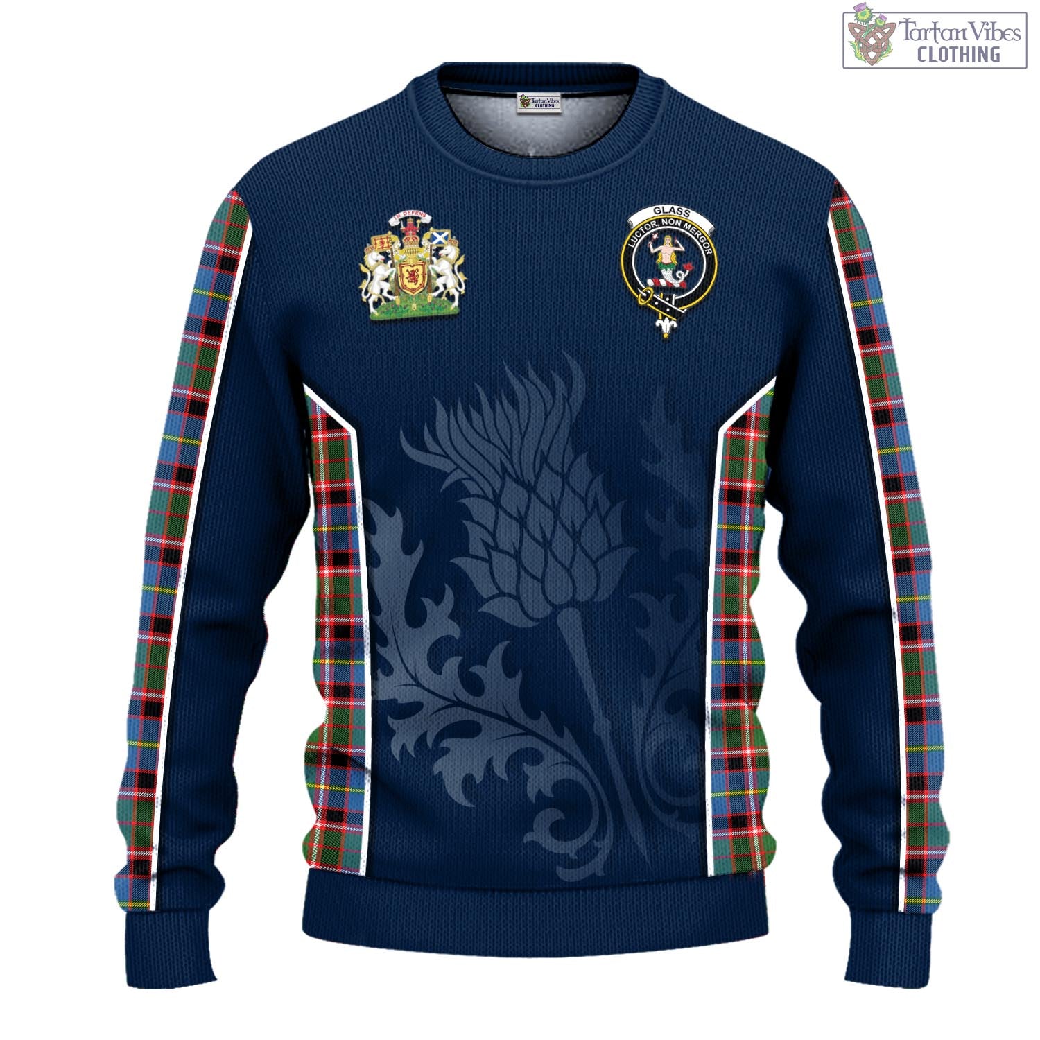 Tartan Vibes Clothing Glass Tartan Knitted Sweatshirt with Family Crest and Scottish Thistle Vibes Sport Style