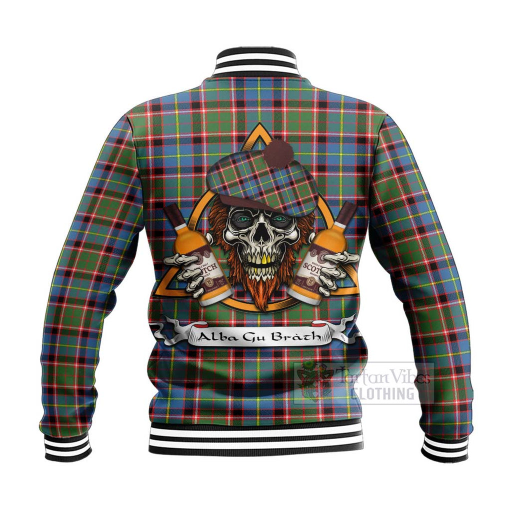 Tartan Vibes Clothing Glass Tartan Baseball Jacket with Family Crest and Bearded Skull Holding Bottles of Whiskey