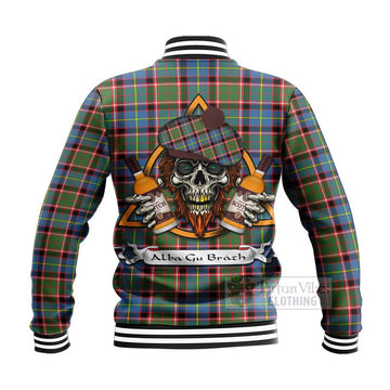 Glass Tartan Baseball Jacket with Family Crest and Bearded Skull Holding Bottles of Whiskey