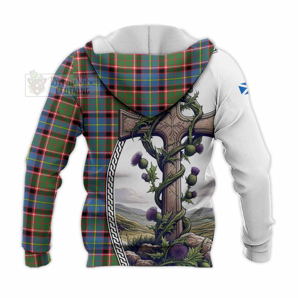 Tartan Vibes Clothing Glass Tartan Knitted Hoodie with Family Crest and St. Andrew's Cross Accented by Thistle Vines