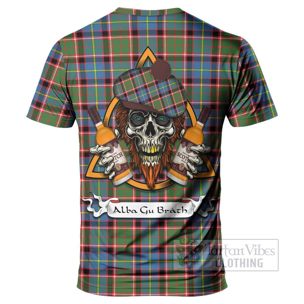 Tartan Vibes Clothing Glass Tartan T-Shirt with Family Crest and Bearded Skull Holding Bottles of Whiskey