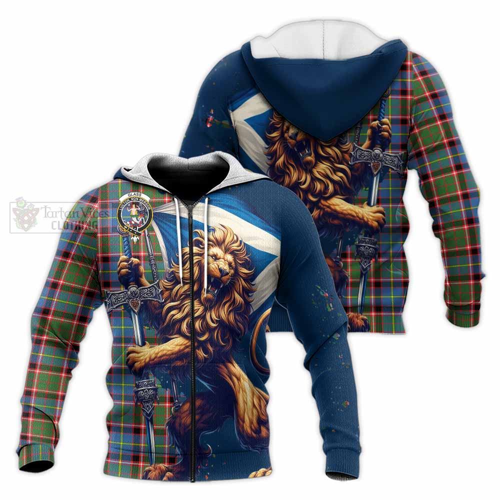 Tartan Vibes Clothing Glass Tartan Family Crest Knitted Hoodie with Scottish Majestic Lion