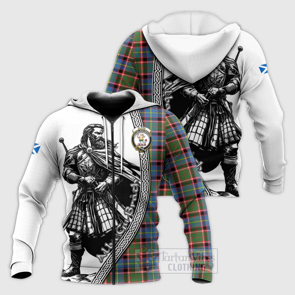 Tartan Vibes Clothing Glass Tartan Clan Crest Knitted Hoodie with Highlander Warrior Celtic Style