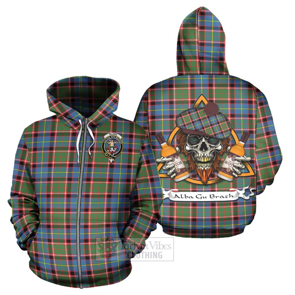 Tartan Vibes Clothing Glass Tartan Hoodie with Family Crest and Bearded Skull Holding Bottles of Whiskey