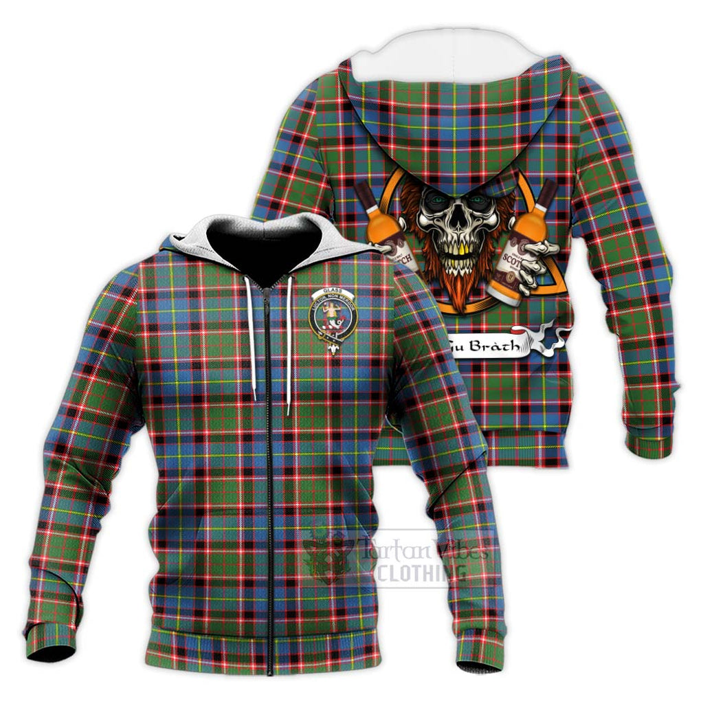 Tartan Vibes Clothing Glass Tartan Knitted Hoodie with Family Crest and Bearded Skull Holding Bottles of Whiskey