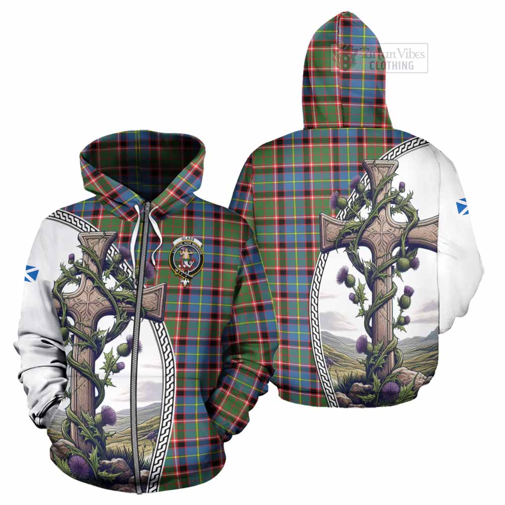 Tartan Vibes Clothing Glass Tartan Hoodie with Family Crest and St. Andrew's Cross Accented by Thistle Vines