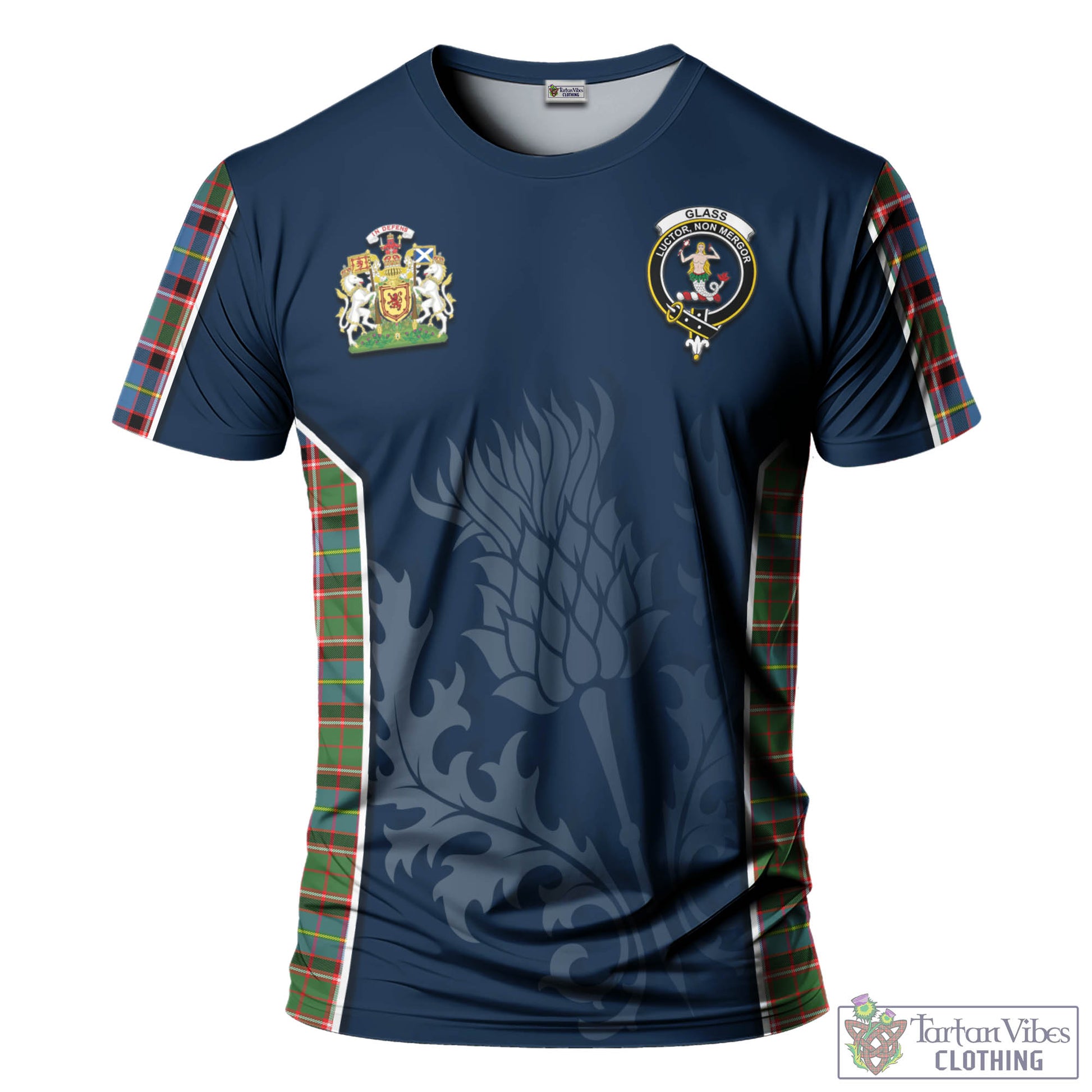 Tartan Vibes Clothing Glass Tartan T-Shirt with Family Crest and Scottish Thistle Vibes Sport Style