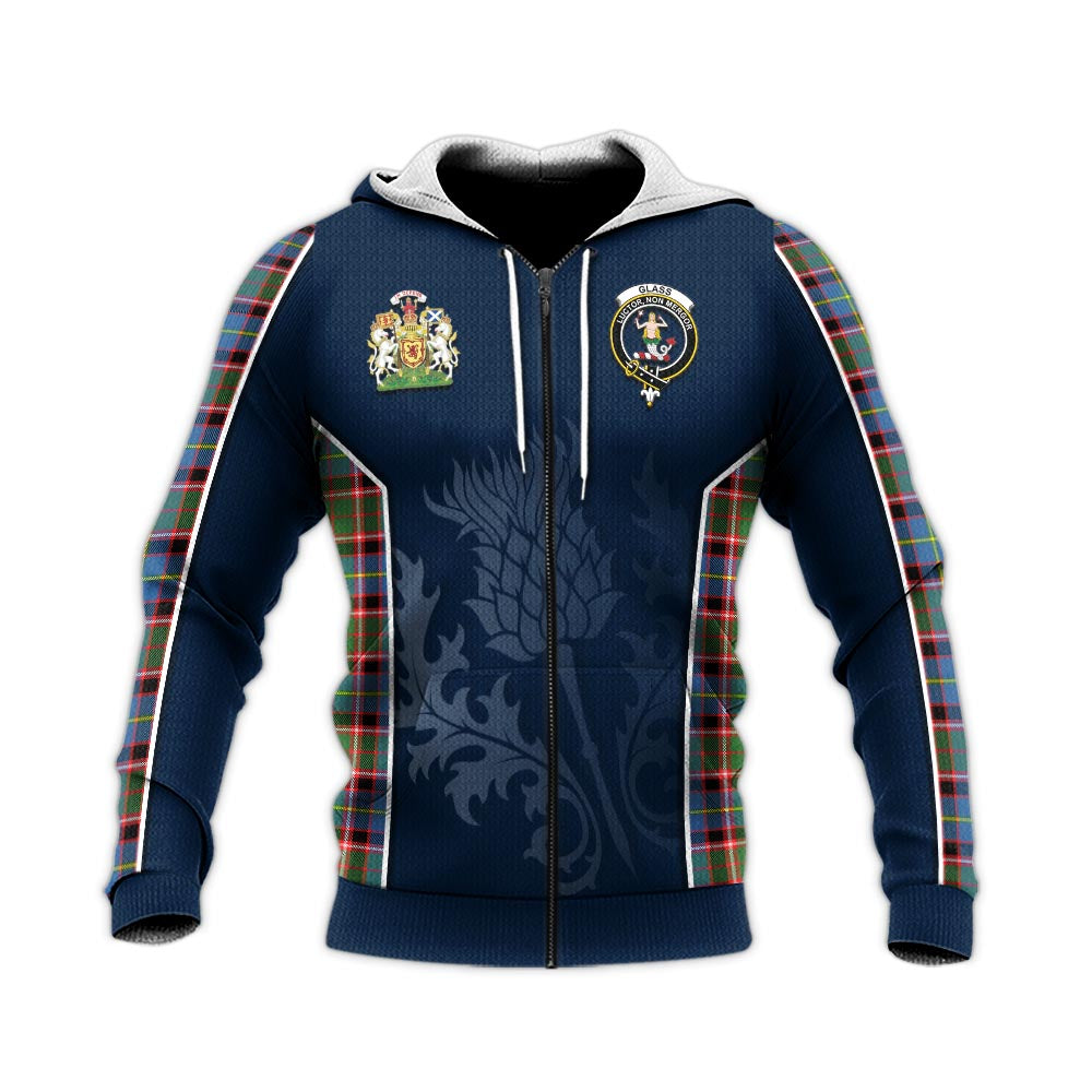 Tartan Vibes Clothing Glass Tartan Knitted Hoodie with Family Crest and Scottish Thistle Vibes Sport Style