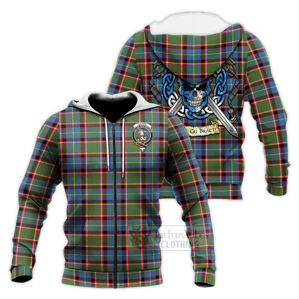 Tartan Vibes Clothing Glass Tartan Knitted Hoodie with Family Crest Celtic Skull Style