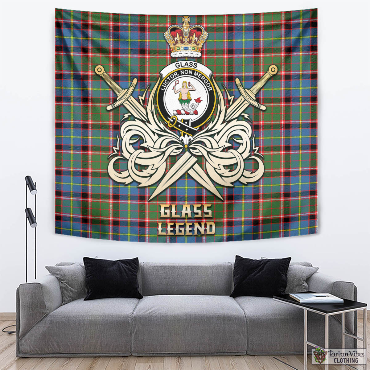 Tartan Vibes Clothing Glass Tartan Tapestry with Clan Crest and the Golden Sword of Courageous Legacy