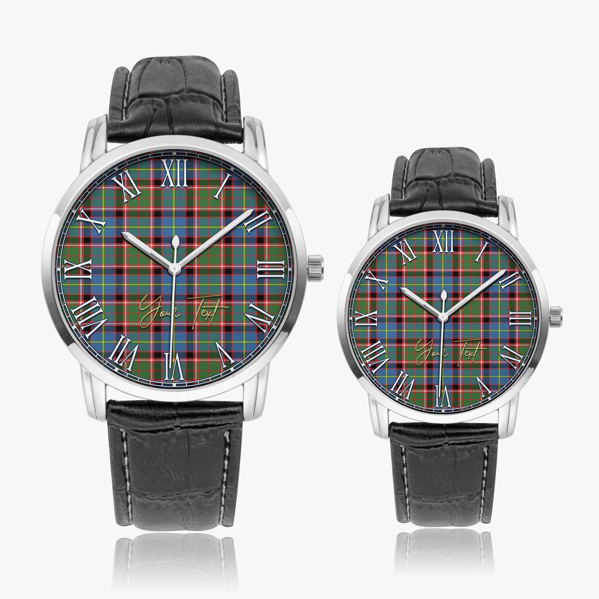 Glass Tartan Personalized Your Text Leather Trap Quartz Watch Wide Type Silver Case With Black Leather Strap - Tartanvibesclothing