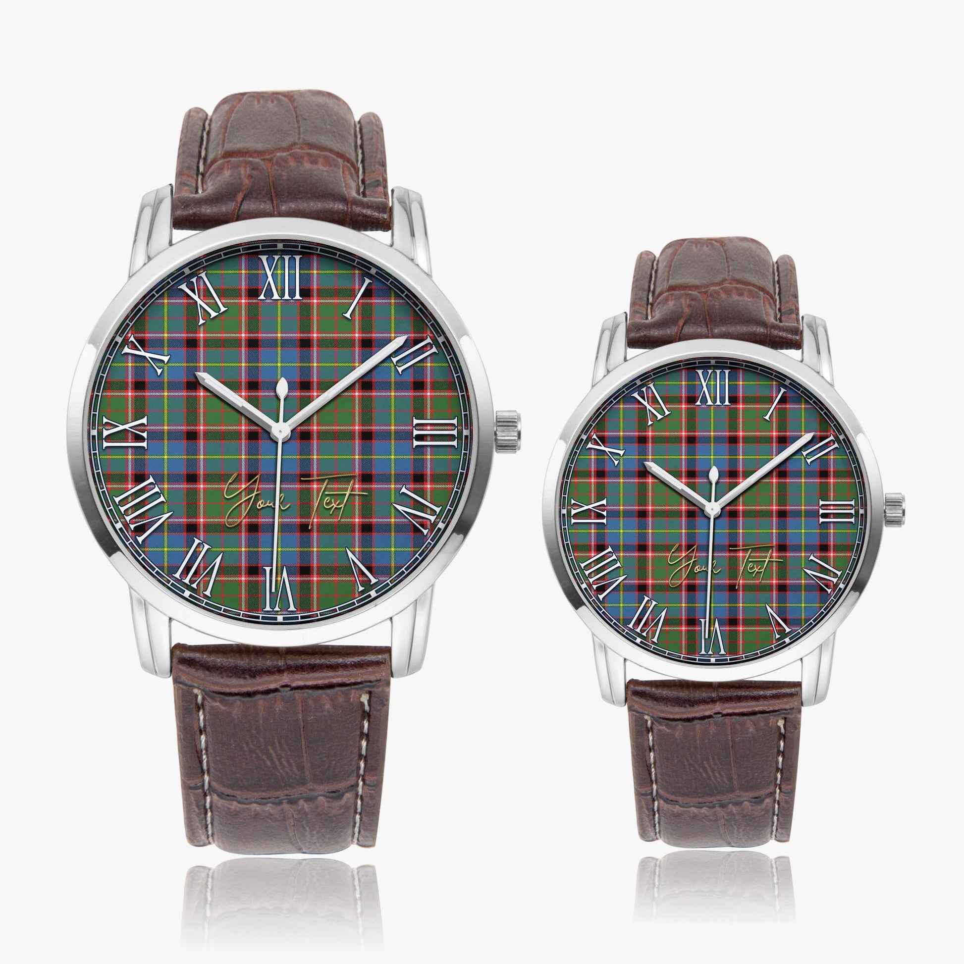 Glass Tartan Personalized Your Text Leather Trap Quartz Watch Wide Type Silver Case With Brown Leather Strap - Tartanvibesclothing