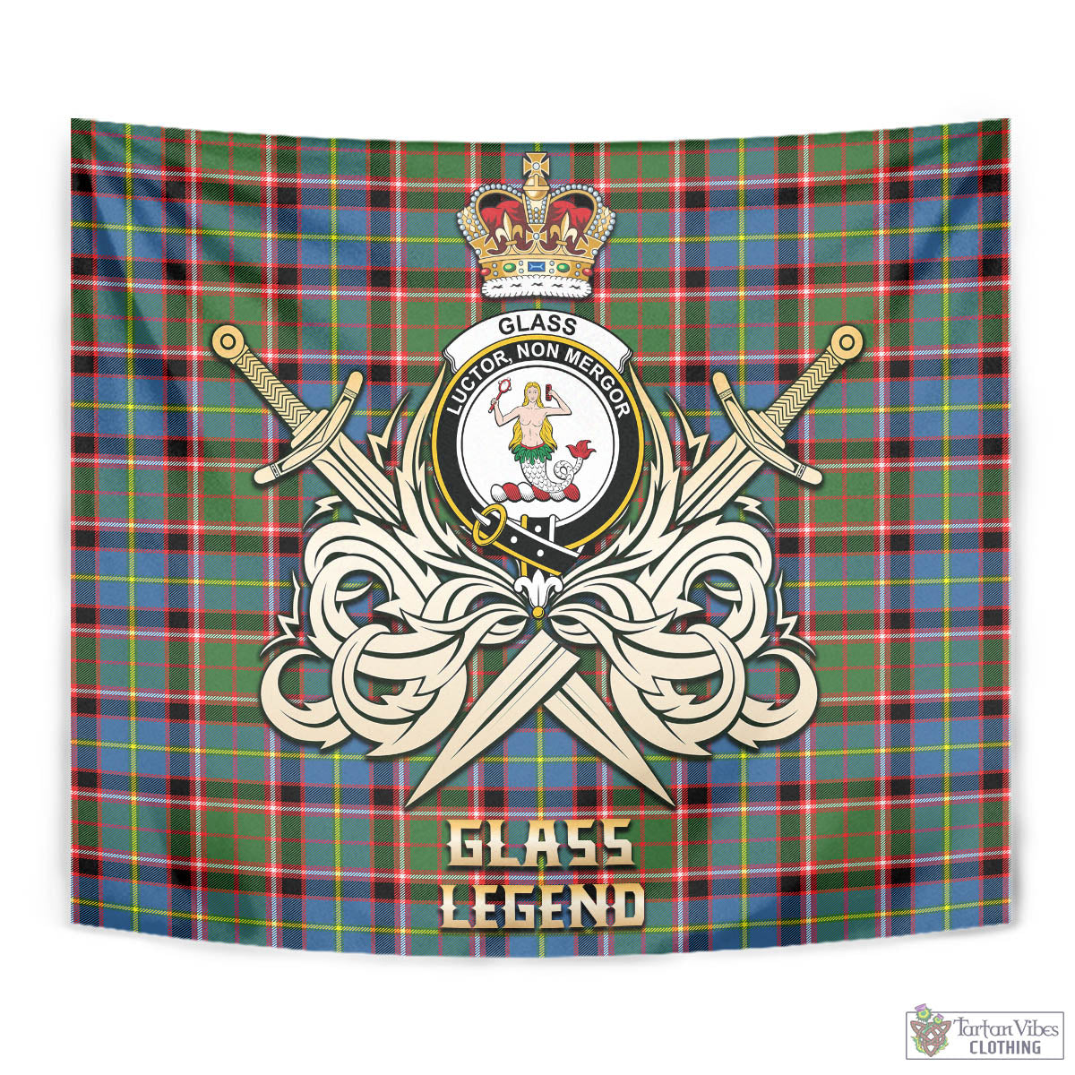 Tartan Vibes Clothing Glass Tartan Tapestry with Clan Crest and the Golden Sword of Courageous Legacy