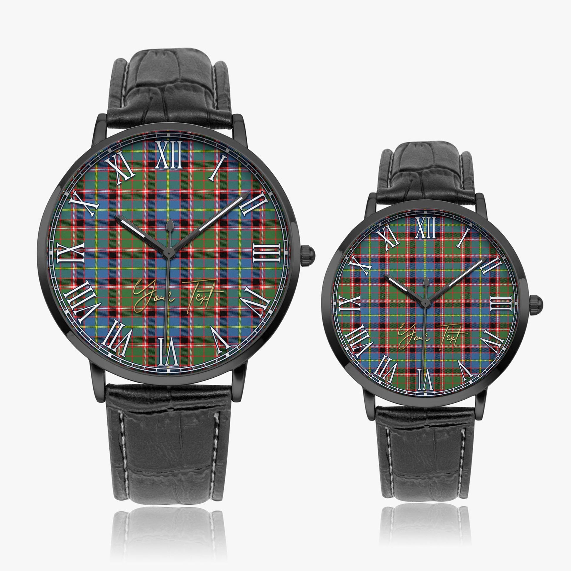 Glass Tartan Personalized Your Text Leather Trap Quartz Watch Ultra Thin Black Case With Black Leather Strap - Tartanvibesclothing