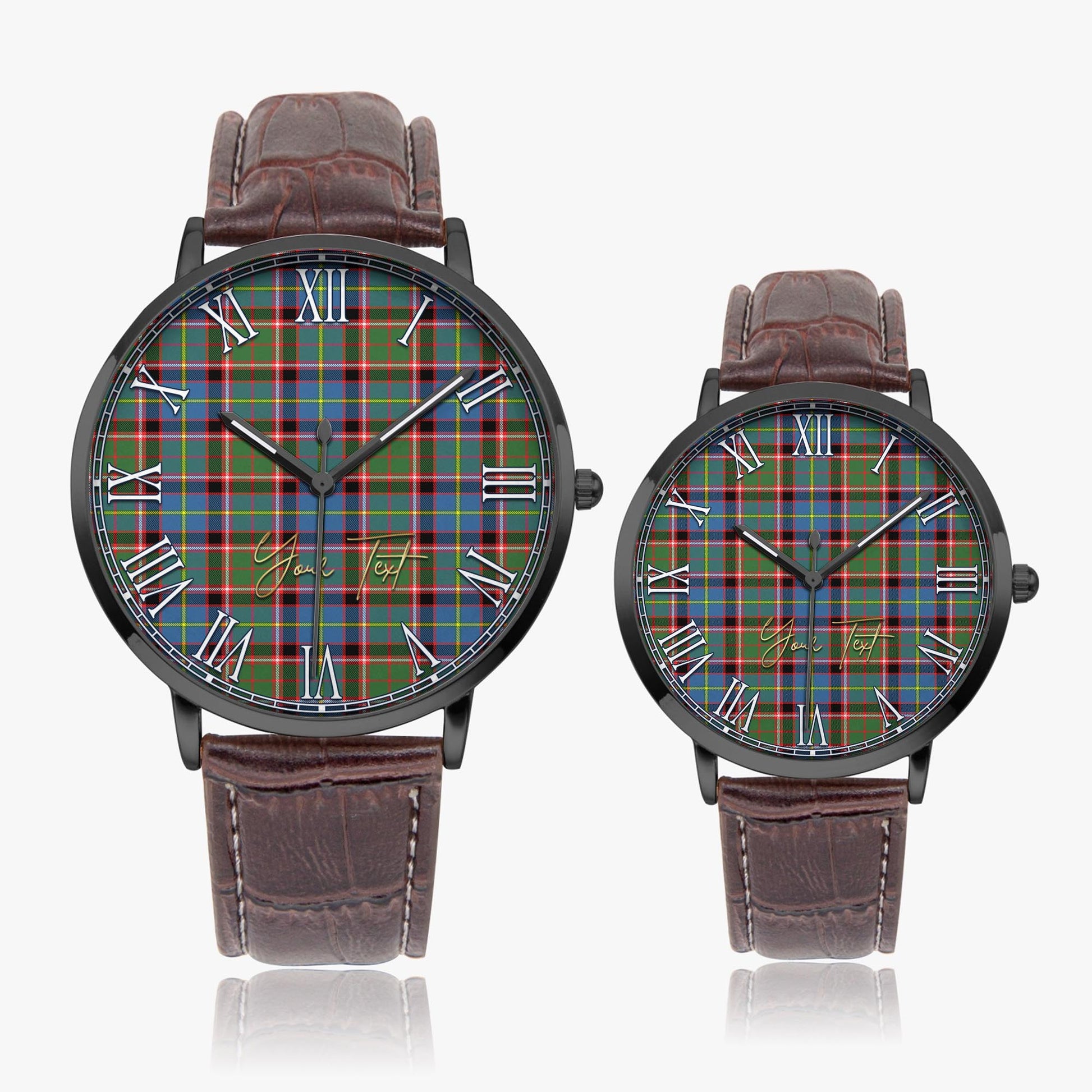 Glass Tartan Personalized Your Text Leather Trap Quartz Watch Ultra Thin Black Case With Brown Leather Strap - Tartanvibesclothing