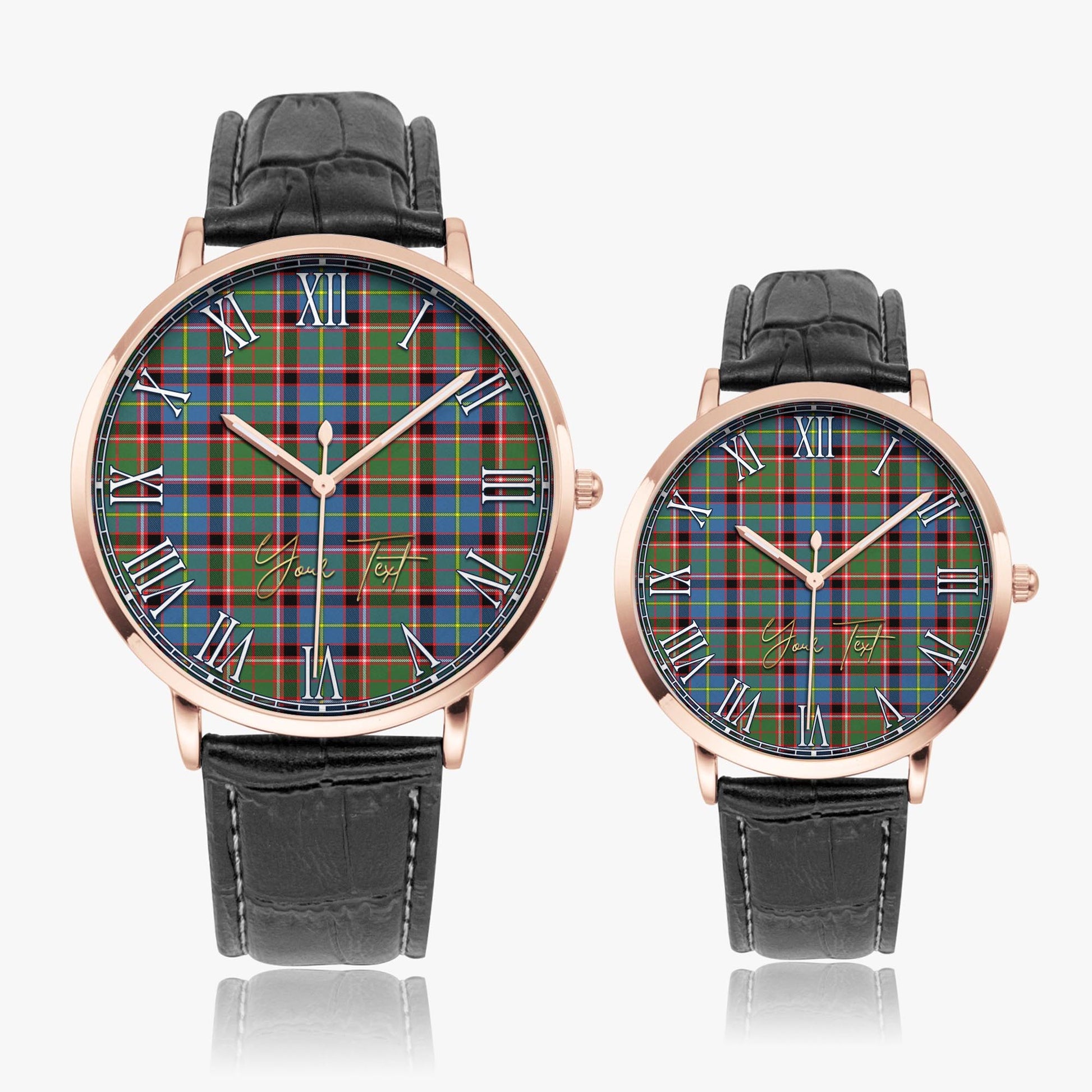 Glass Tartan Personalized Your Text Leather Trap Quartz Watch Ultra Thin Rose Gold Case With Black Leather Strap - Tartanvibesclothing