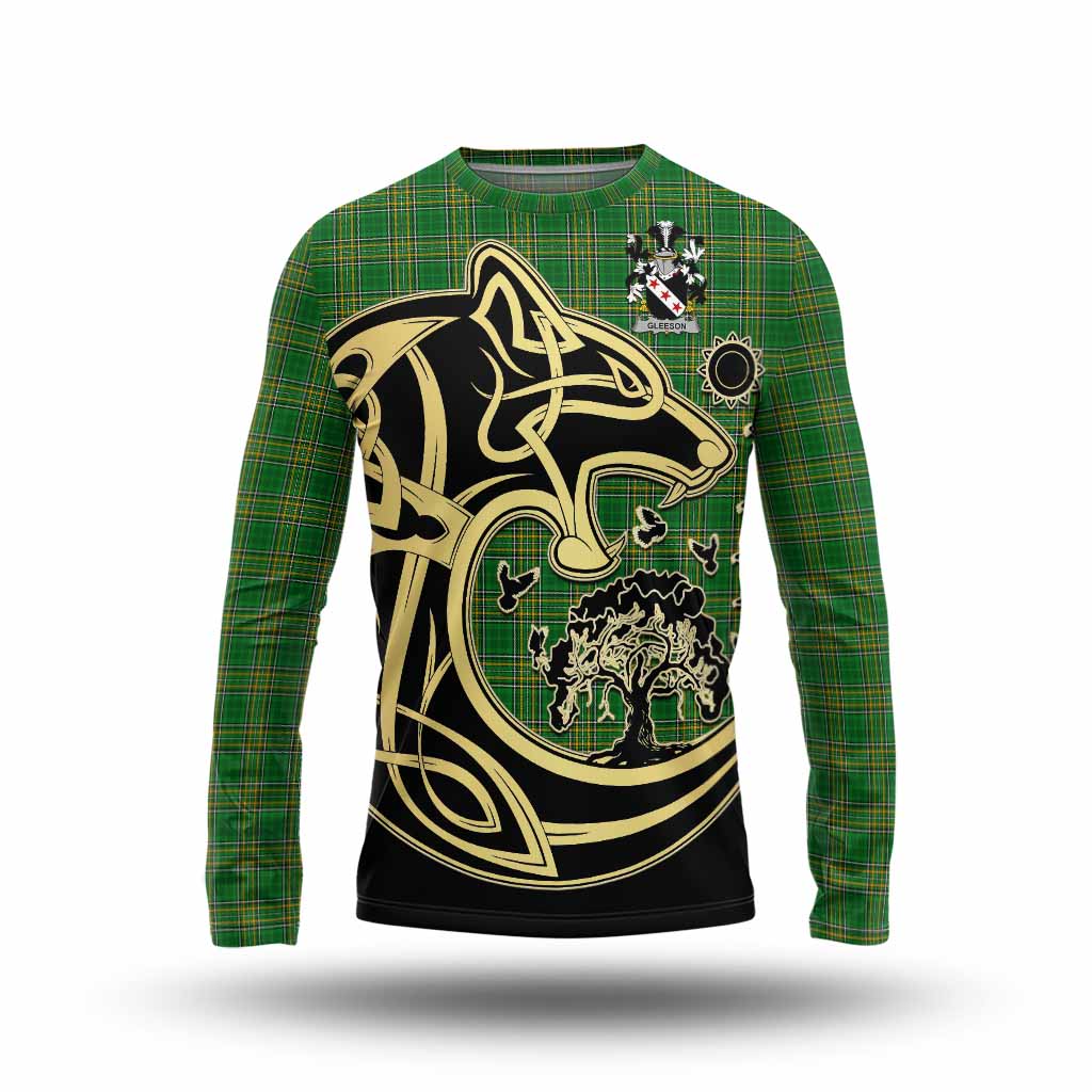 Tartan Vibes Clothing Gleeson Irish Tartan Long Sleeve T-Shirt with Coat of Arms Celtic Wolf Style